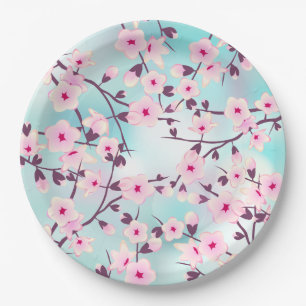 Pink Turquoise Cherry Blossoms Paper Plate
