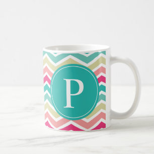 Pink Turquoise Chevron Monogram Coffee Mug
