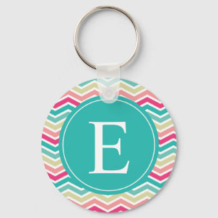 Pink Turquoise Chevron Monogram Key Ring