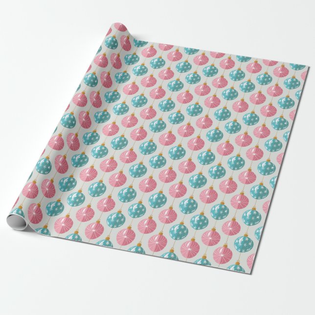 Pink & Turquoise Christmas Ornaments Wrapping Paper (Unrolled)