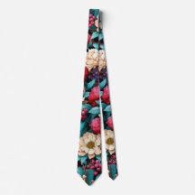 Pink Turquoise Cream Flowers and Berries Neck Tie