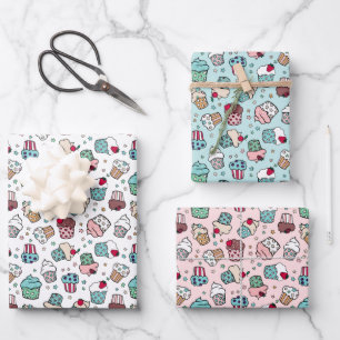 Pink Turquoise Cute Cupcake Patterns Wrapping Paper Sheet