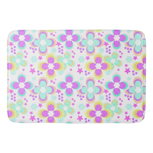 Pink, turquoise, floral bath mat (Front)