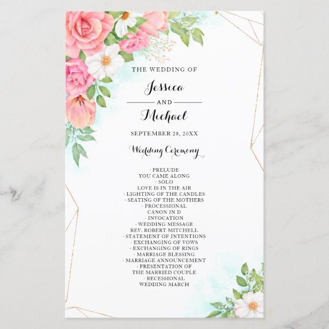 Pink Turquoise Floral Bouquet Wedding Program (Front)