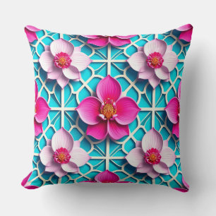 Pink Turquoise Floral Geometric Flower Cushion