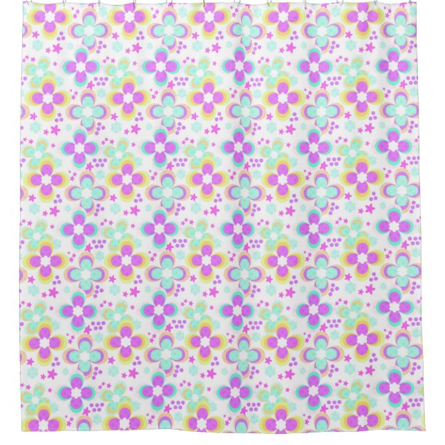 Pink, turquoise, floral shower curtain (Front)