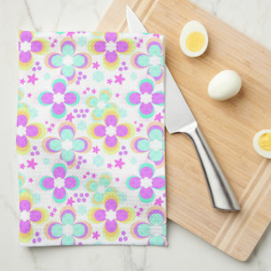 Pink, turquoise, floral tea towel