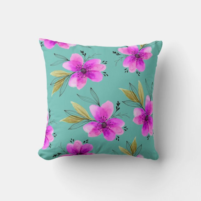 Pink & Turquoise Floral watercolor Cushion (Front)