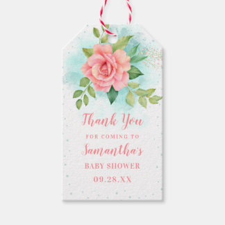 Pink Turquoise Floral Watercolor Rose Baby Shower Gift Tags