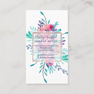 Pink turquoise floral watercolor rose gold makeup business card