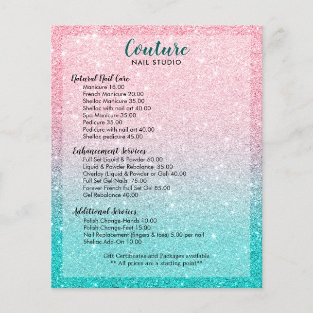 Pink & Turquoise Glitter Ombre Nails Menu List (Front)