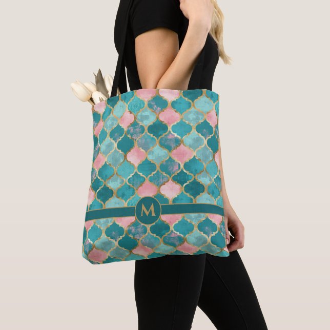 Pink Turquoise Gold Pattern Elegant Personalised Tote Bag (Close Up)