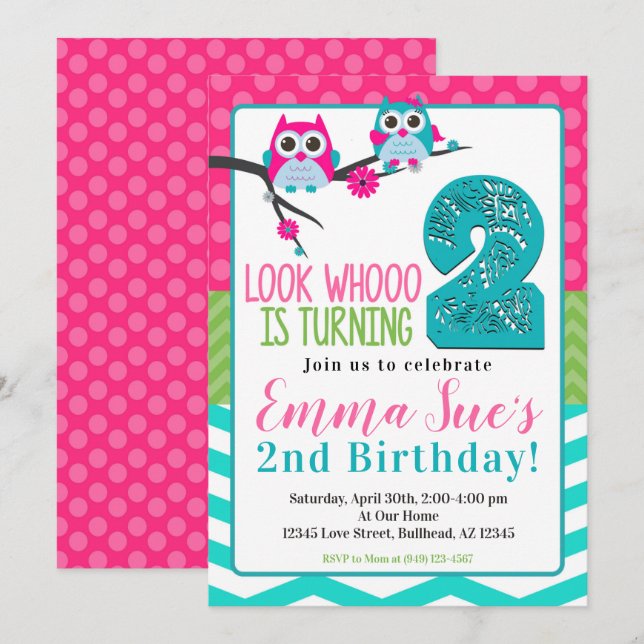 Pink Turquoise & Green Summer Owl 2nd Birthday Invitation (Front/Back)