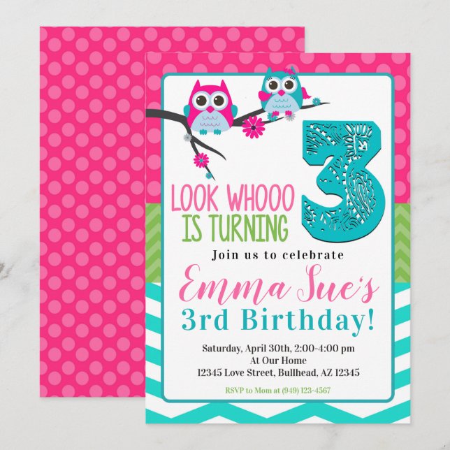 Pink Turquoise & Green Summer Owl 3rd Birthday Invitation (Front/Back)