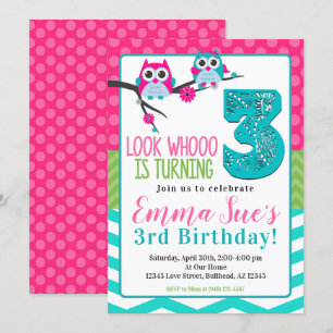 Pink Turquoise & Green Summer Owl 3rd Birthday Invitation