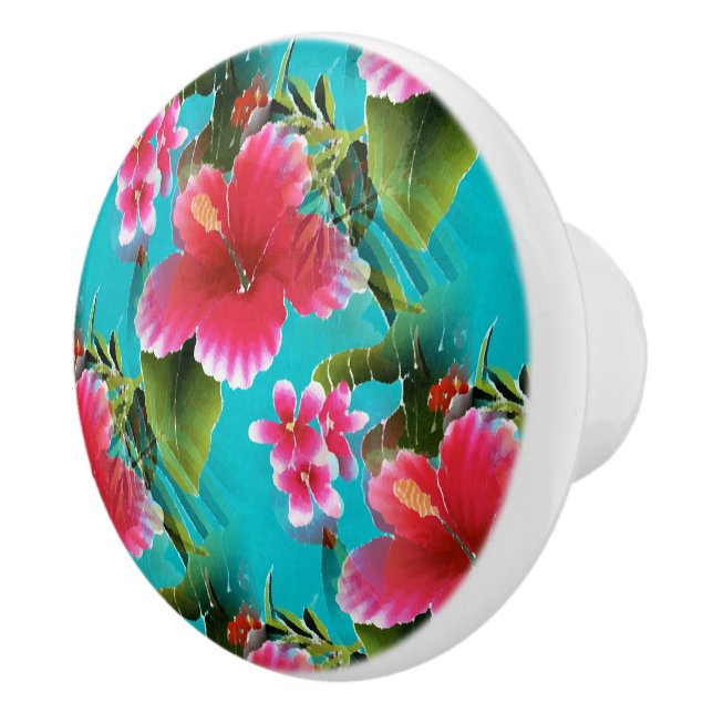 Pink Turquoise Hawaiian Hibiscus Flowers Pattern Ceramic Knob (Right)