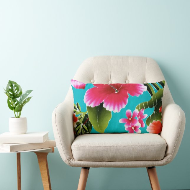 Pink Turquoise Hawaiian Hibiscus Flowers Pattern Lumbar Cushion (Chair)