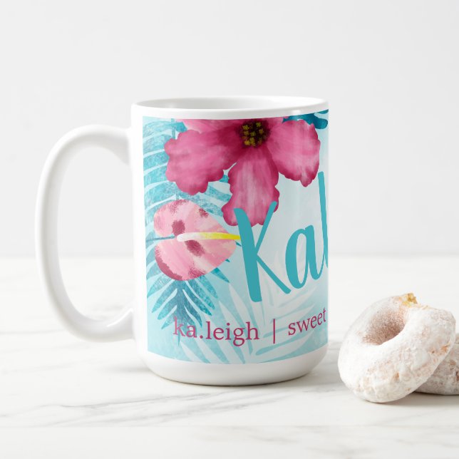 Pink, Turquoise Hibiscus Personalised Coffee Mug (With Donut)