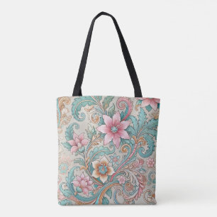 Pink Turquoise Indonesian Batik Floral Pattern Tote Bag