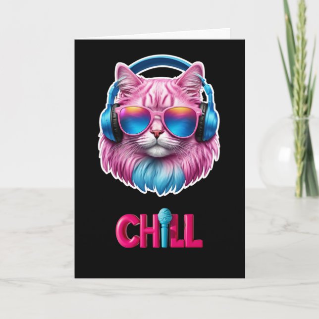 Pink/Turquoise Jammin' Cat Card (Front)