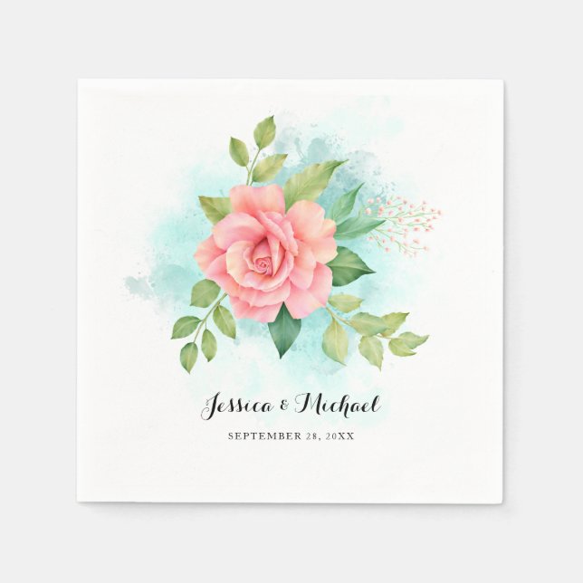 Pink Turquoise Ombre Floral Bouquet Rose Wedding Napkin (Front)