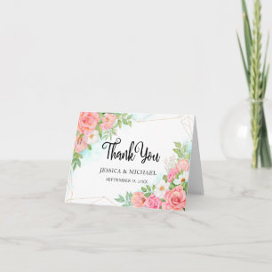 Pink Turquoise Ombre Floral Bouquet Rose Wedding Thank You Card