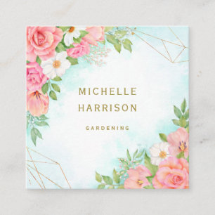 Pink Turquoise Ombre Floral Bouquet Watercolor Square Business Card