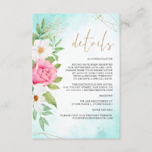 Pink Turquoise Ombre Floral Rose Wedding Details Enclosure Card