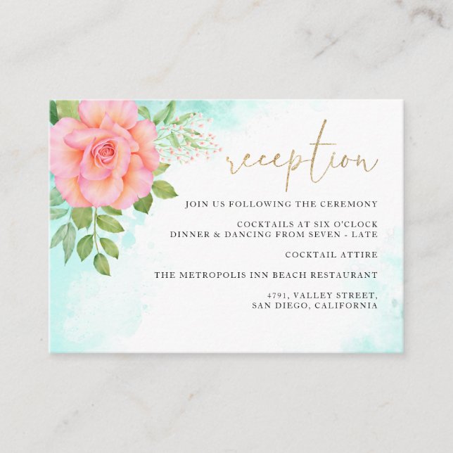 Pink Turquoise Ombre Floral Rose Wedding Reception Enclosure Card (Front)