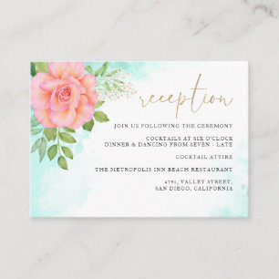 Pink Turquoise Ombre Floral Rose Wedding Reception Enclosure Card