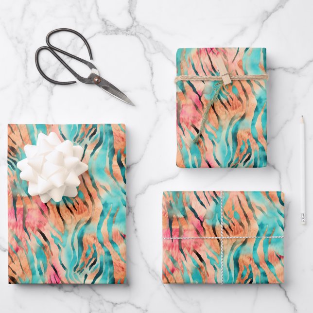 Pink, Turquoise & Orange Tiger Stripes Wrapping Paper Sheet (Front)