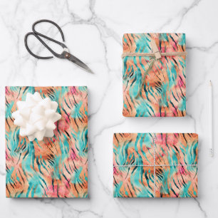 Pink, Turquoise & Orange Tiger Stripes Wrapping Paper Sheet