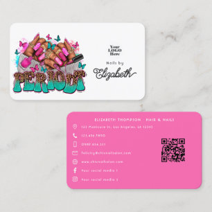 Pink & Turquoise Periodt Black Woman Nail Salon Business Card