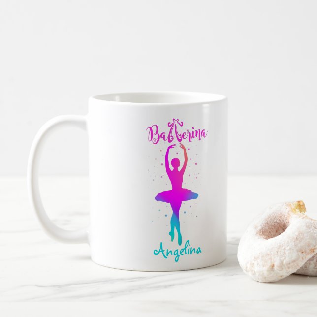Pink Turquoise Personalised Ballerina  Coffee Mug (With Donut)
