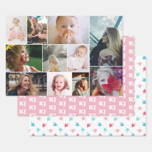 Pink Turquoise Photo Collage Monogram Graduate Wrapping Paper Sheet