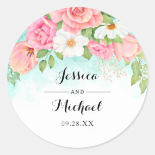 Pink Turquoise Rich Floral Bouquet Rose Wedding Classic Round Sticker