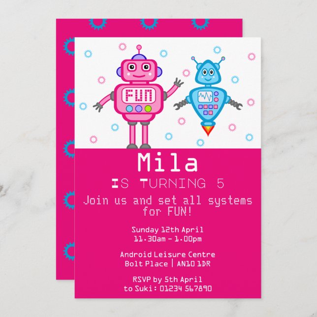 Pink & Turquoise Robots Birthday Party Invitation (Front/Back)
