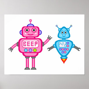 Pink & Turquoise Robots Wall Art Poster