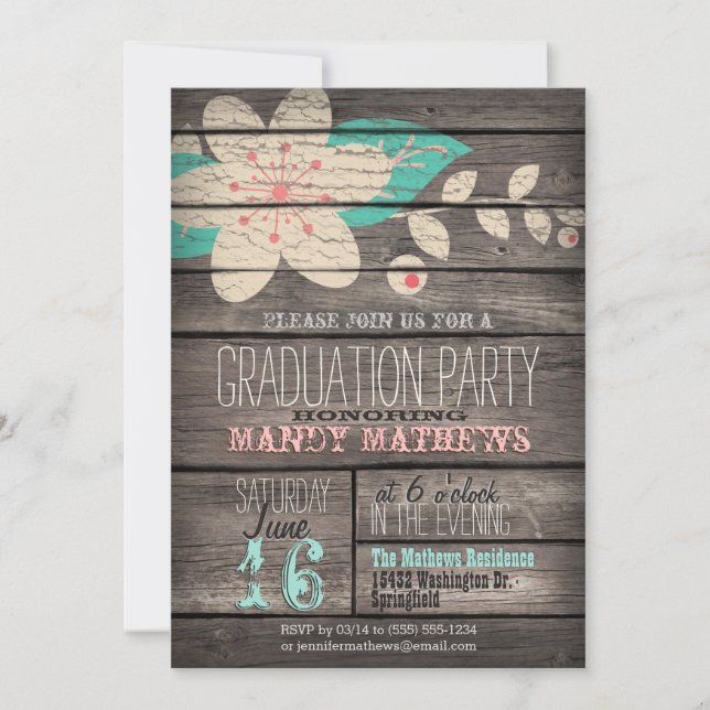 Pink & Turquoise; Rustic Wood Graduation Party Invitation (Front)