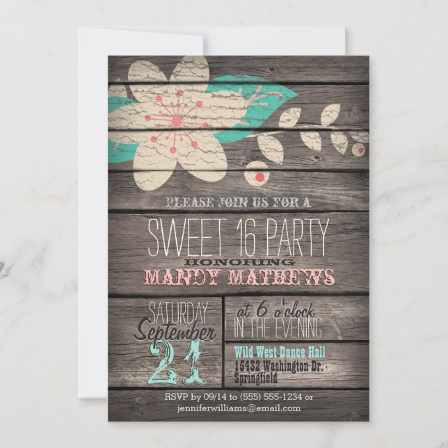 Pink & Turquoise; Rustic Wood Sweet 16 Party Invitation (Front)