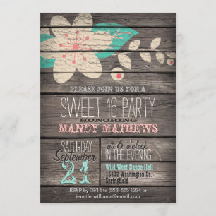 Pink & Turquoise; Rustic Wood Sweet 16 Party Invitation
