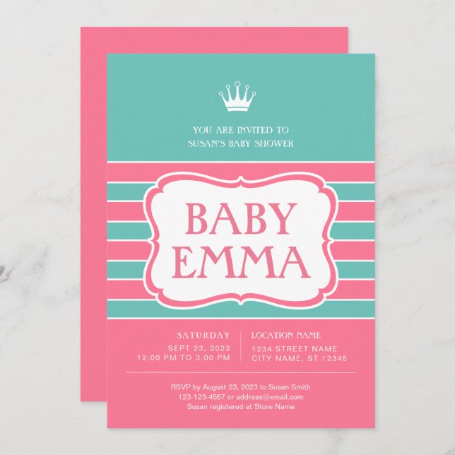 Pink Turquoise Stripes Baby Shower Invitation (Front/Back)