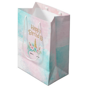 Pink & Turquoise Unicorn Girl Birthday Medium Gift Bag