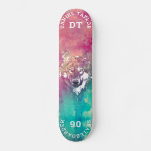 Pink Turquoise Watercolor Artistic Monogram Wolf Skateboard