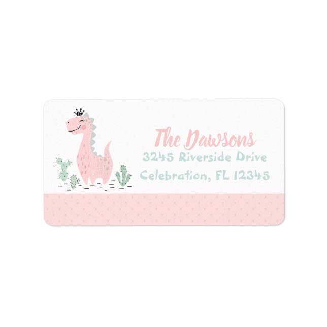Pink & Turquoise Watercolor Girl Birthday Dinosaur Label (Front)