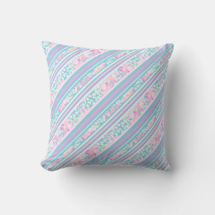 Pink, Turquoise, White Roses and Stripes Pillow
