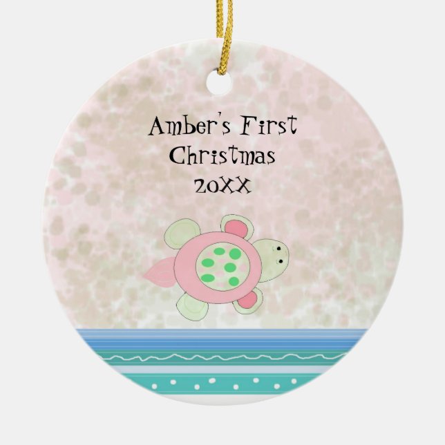 Pink Turtle Baby First Christmas Ceramic Tree Decoration (Front)