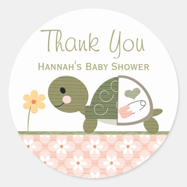 Pink Turtle in Diapers Baby Shower Thank You Classic Round Sticker (Front)