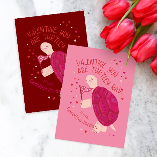 Pink Turtle-y Rad School Classroom Kid Valentine Card (Rad Turtle themed classroom valentine cards in pink or red)