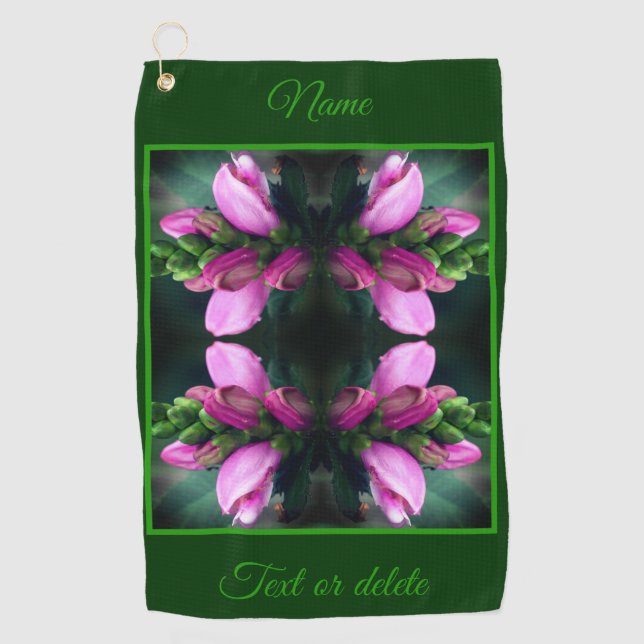 Pink Turtlehead Flower Abstract Personalised Golf Towel (Front)